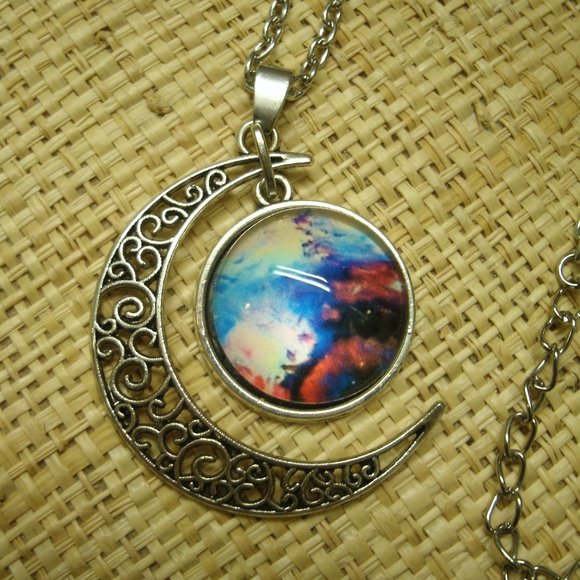 Crescent Moon with Nebula Cabochon Dangle Necklace - Picture 1 of 14